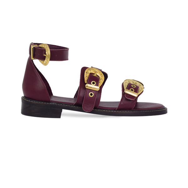 Rasteiras Zaira Vinho Couro Premium com Fivelas Estilo Western