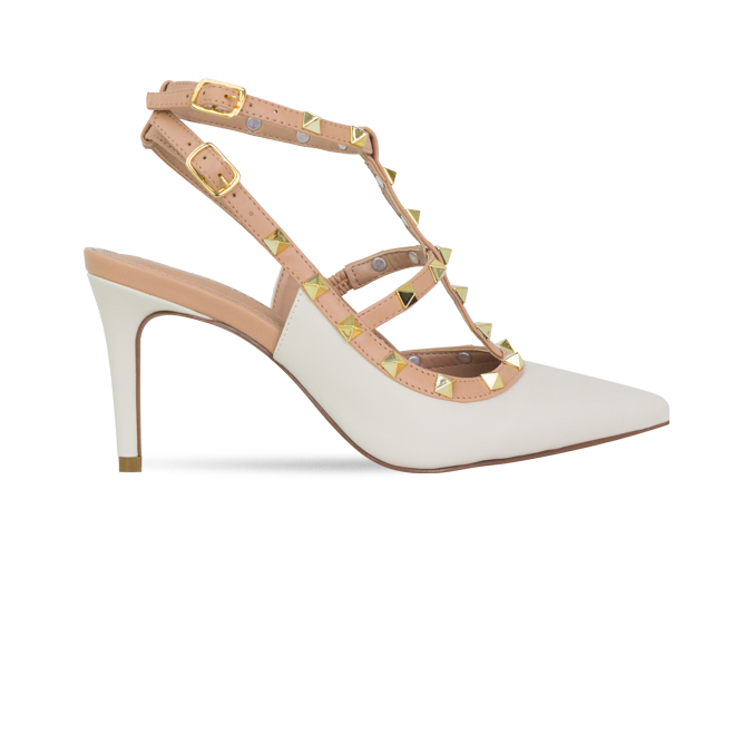 Scarpin Mona 8 Off White com Tiras e Pirâmides