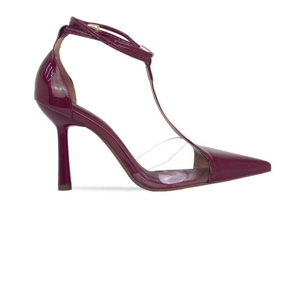 Scarpin Neiva Vinho com Vinil e Amarração – Sofisticação que se Destaca