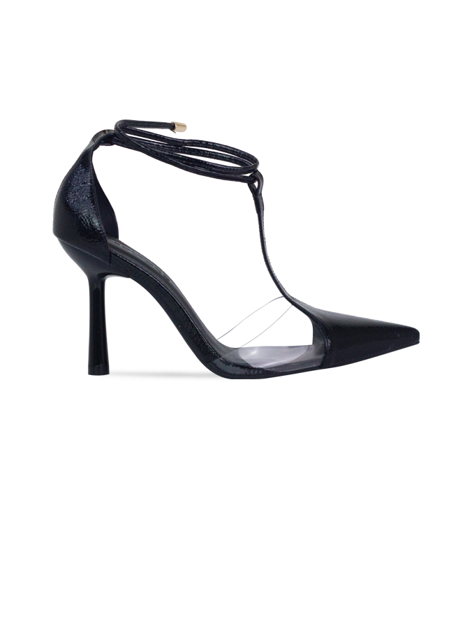 Scarpin Neiva Preto com Vinil e Amarração – Sofisticação que se Destaca