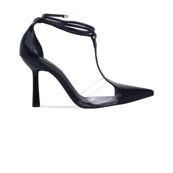 Scarpin Neiva Preto com Vinil e Amarração – Sofisticação que se Destaca