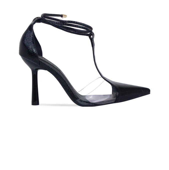 Scarpin Neiva Preto com Vinil e Amarração – Sofisticação que se Destaca