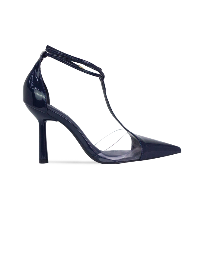 Scarpin Neiva Azul com Vinil e Amarração – Sofisticação que se Destaca
