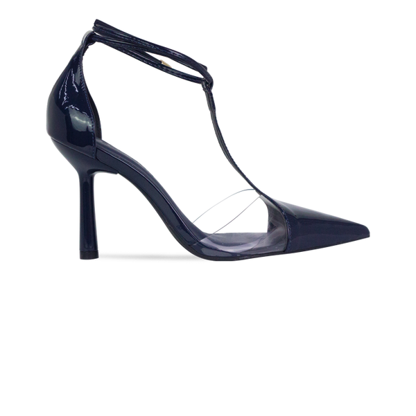 Scarpin Neiva Azul com Vinil e Amarração – Sofisticação que se Destaca