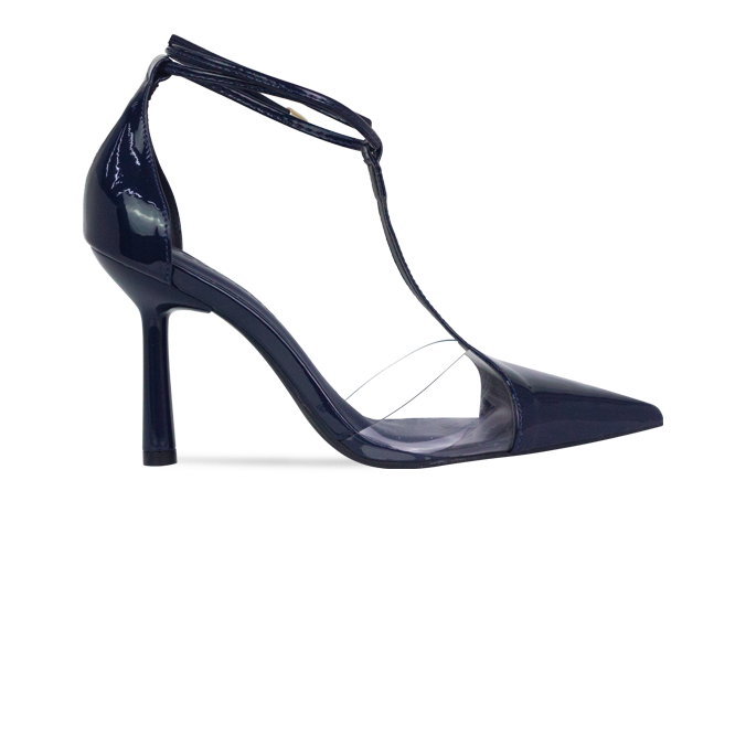 Scarpin Neiva Azul com Vinil e Amarração – Sofisticação que se Destaca