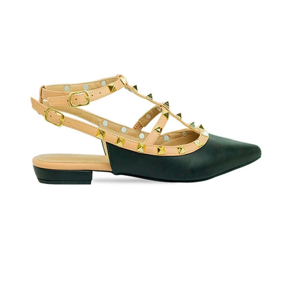 Sapatilhas Mona Flat Preto/Nude: Toque de Estilo com Pirâmides