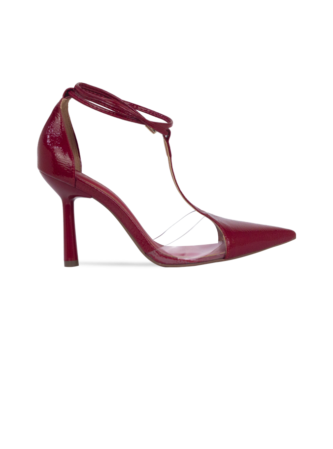 Scarpin Neiva Vermelho com Vinil e Amarração – Sofisticação que se Destaca