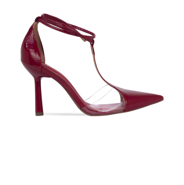 Scarpin Neiva Vermelho com Vinil e Amarração – Sofisticação que se Destaca