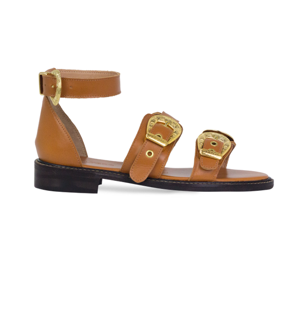 Rasteiras Zaira Caramelo Couro Premium com Fivelas Estilo Western