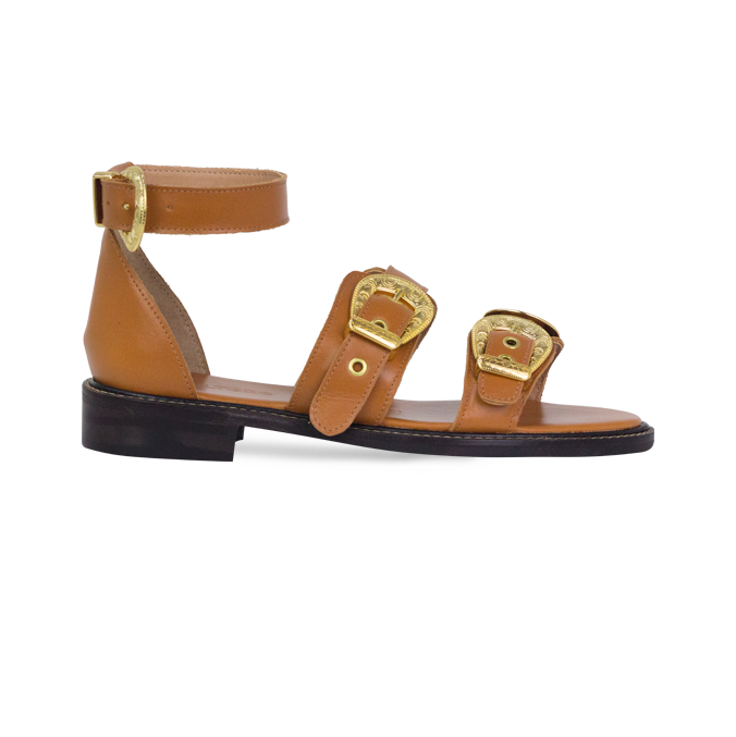 Rasteiras Zaira Caramelo Couro Premium com Fivelas Estilo Western