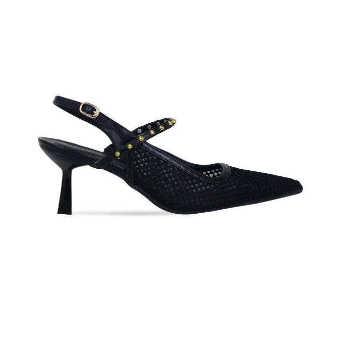 Scarpin Maite Preto: Detalhes em Tela e Cravos Cromados