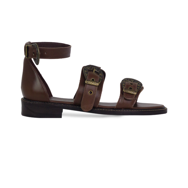 Rasteiras Zaira Marrom Couro Premium com Fivelas Estilo Western