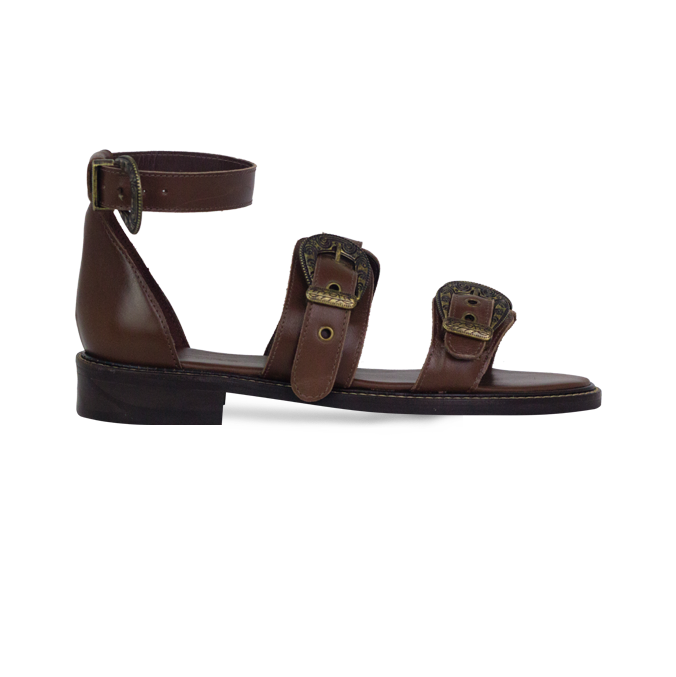 Rasteiras Zaira Marrom Couro Premium com Fivelas Estilo Western