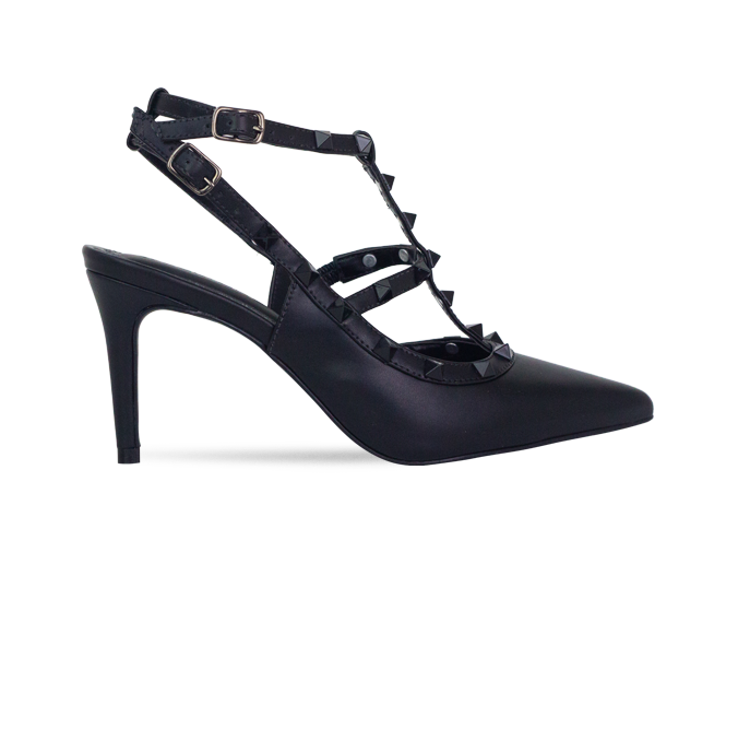 Scarpin Mona 8 Preto com Tiras e Pirâmides