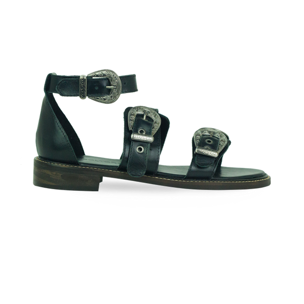 Rasteiras Zaira Preto Couro Premium com Fivelas Estilo Western