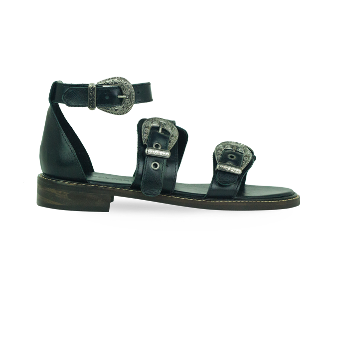 Rasteiras Zaira Preto Couro Premium com Fivelas Estilo Western