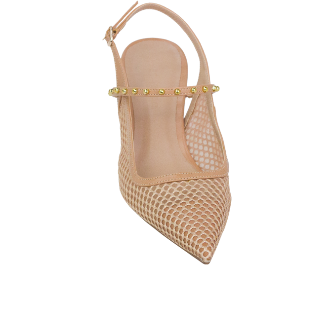 Scarpin Maite Nude: Detalhes em Tela e Cravos Cromados