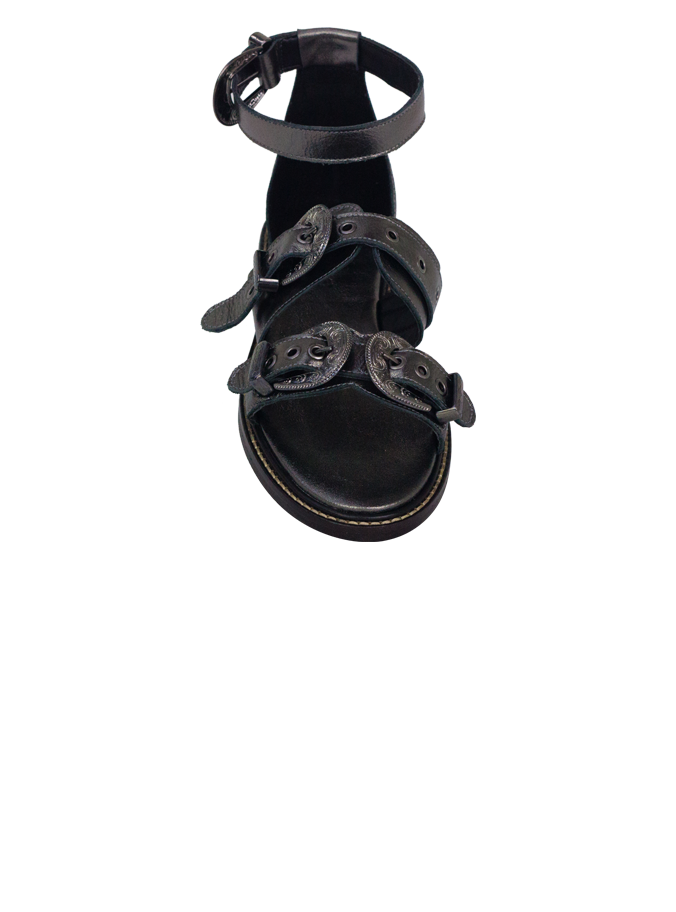Rasteiras Zaira Prata Velho Couro Premium com Fivelas Estilo Western
