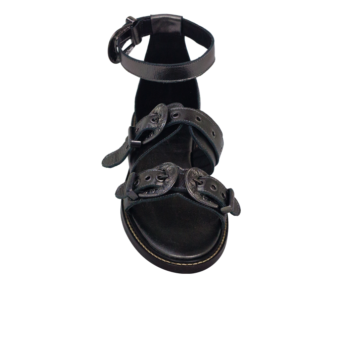 Rasteiras Zaira Prata Velho Couro Premium com Fivelas Estilo Western