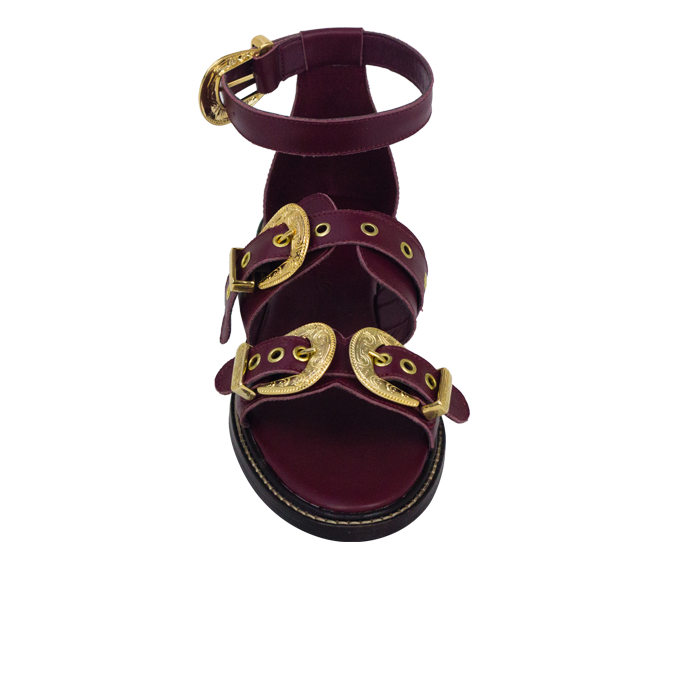 Rasteiras Zaira Vinho Couro Premium com Fivelas Estilo Western