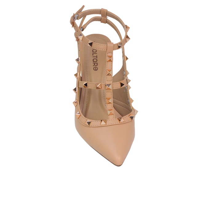 Scarpin Mona 8 Nude com Tiras e Pirâmides