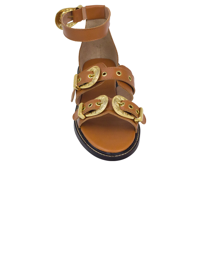 Rasteiras Zaira Caramelo Couro Premium com Fivelas Estilo Western