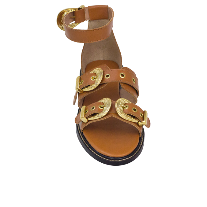 Rasteiras Zaira Caramelo Couro Premium com Fivelas Estilo Western