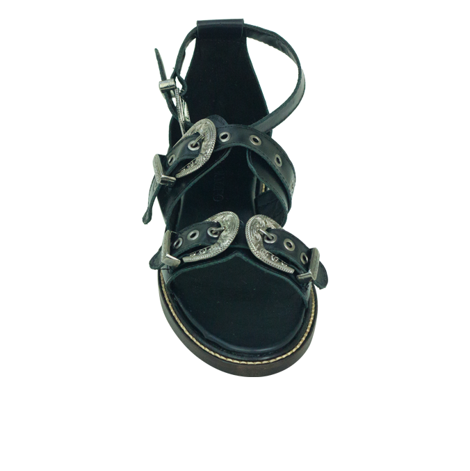Rasteiras Zaira Preto Couro Premium com Fivelas Estilo Western