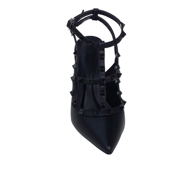 Scarpin Mona 8 Preto com Tiras e Pirâmides