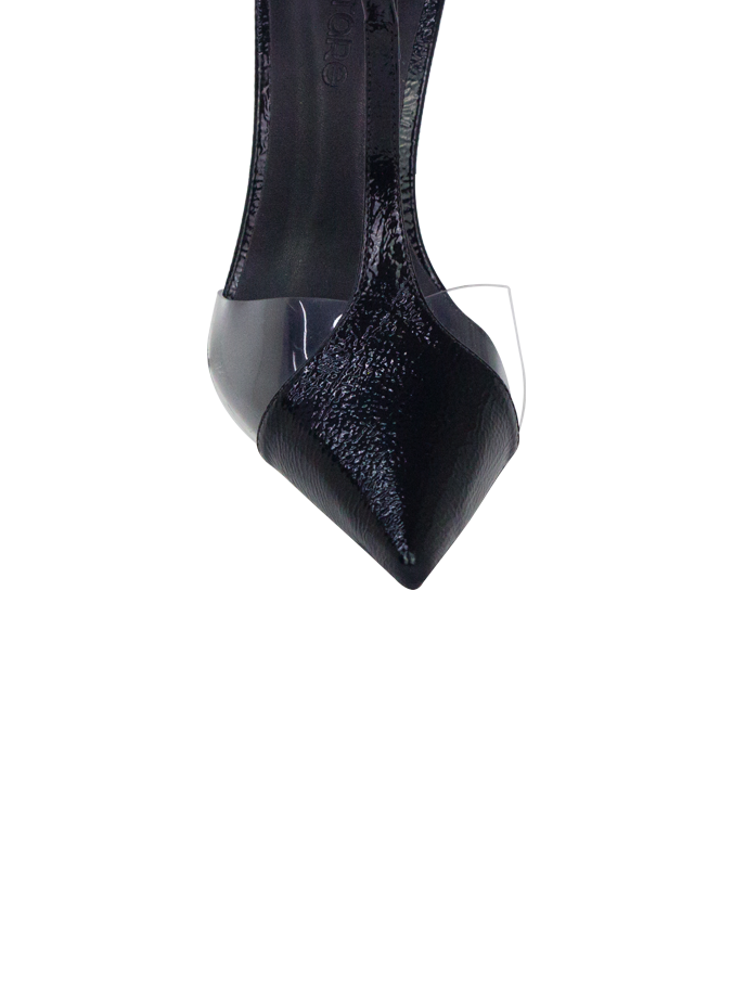 Scarpin Neiva Preto com Vinil e Amarração – Sofisticação que se Destaca