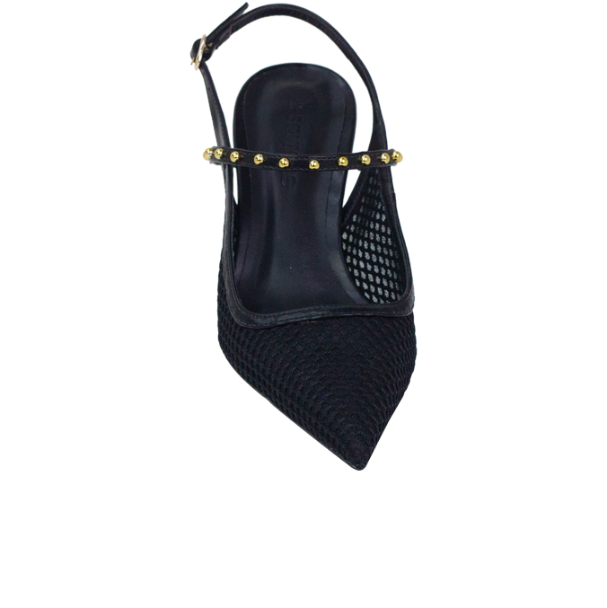 Scarpin Maite Preto: Detalhes em Tela e Cravos Cromados