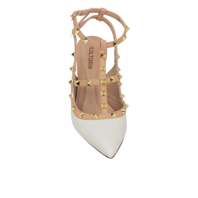 Scarpin Mona 8 Off White com Tiras e Pirâmides