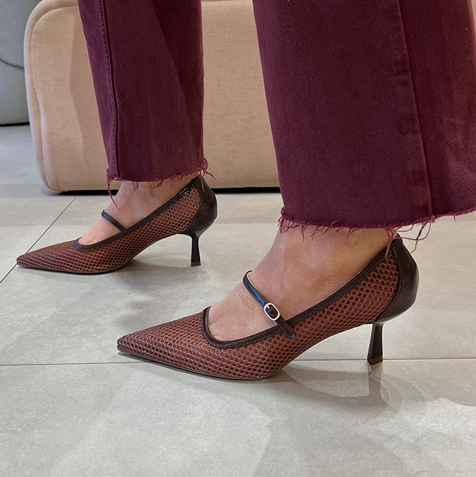 Scarpin Gorete Marrom com Tela e Salto 6cm