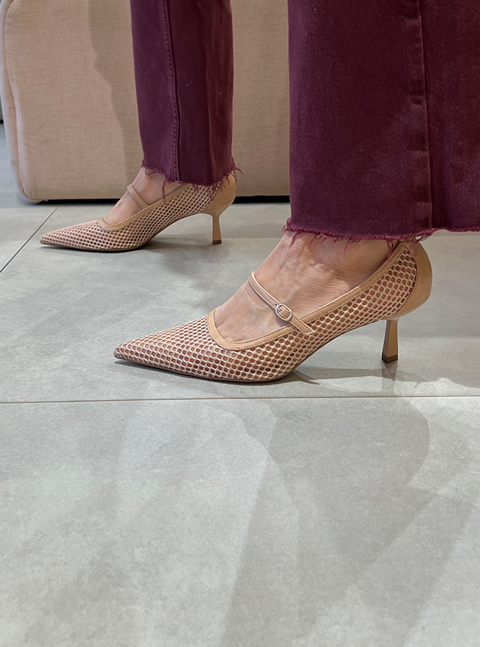 Scarpin Gorete Nude com Tela e Salto 6cm