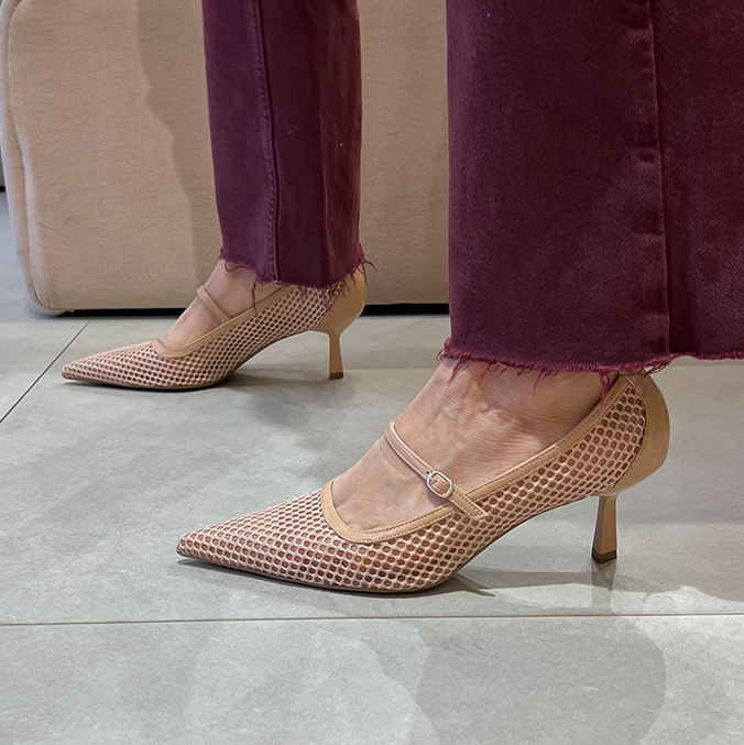 Scarpin Gorete Nude com Tela e Salto 6cm