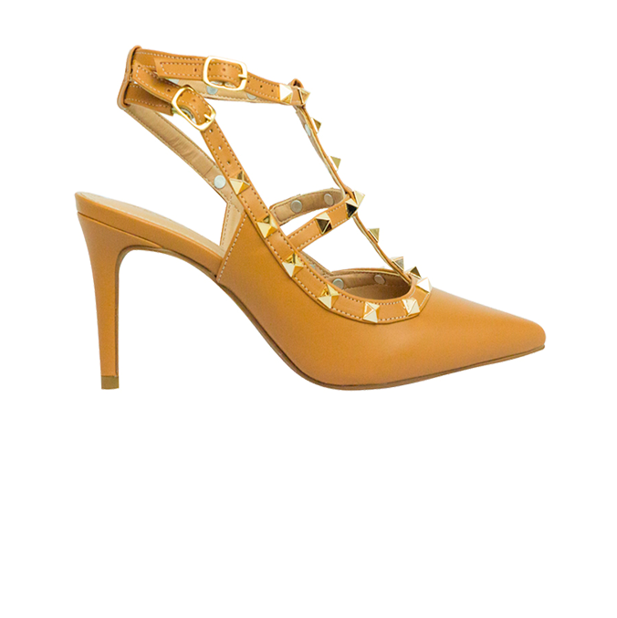 Scarpin Mona 8 Caramelo com Tiras e Pirâmides
