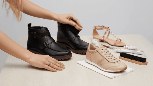 Calçados femininos em etapas de limpeza e conservação