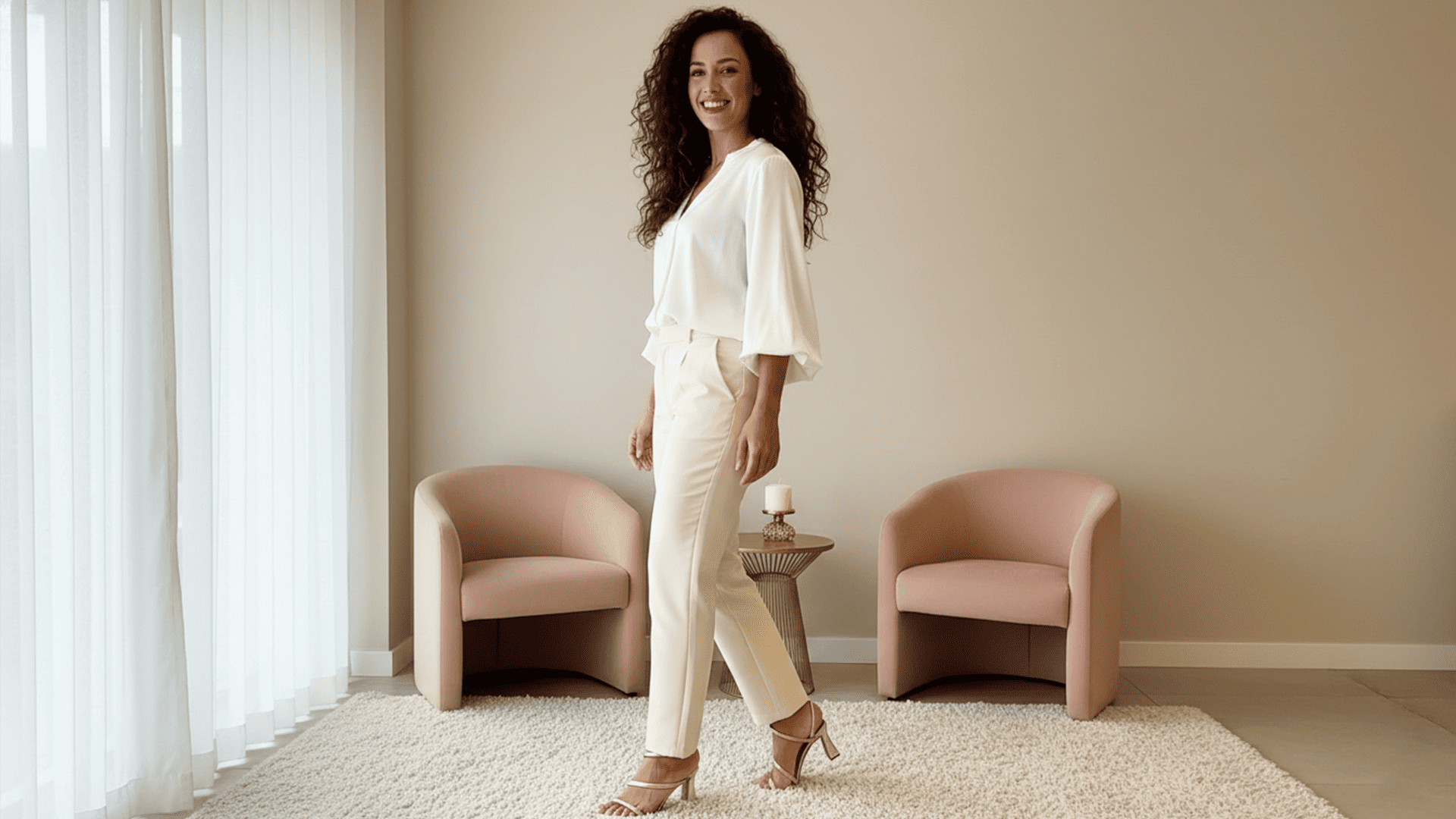 Mulher sorrindo e caminhando usando um salto alto elegante