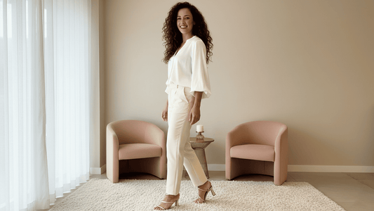 Mulher sorrindo e caminhando usando um salto alto elegante