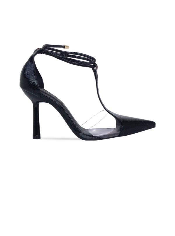 Scarpin Neiva Preto com Vinil e Amarração – Sofisticação que se Destaca