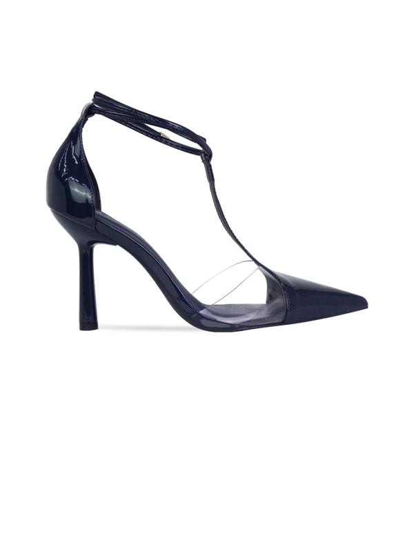 Scarpin Neiva Azul com Vinil e Amarração – Sofisticação que se Destaca