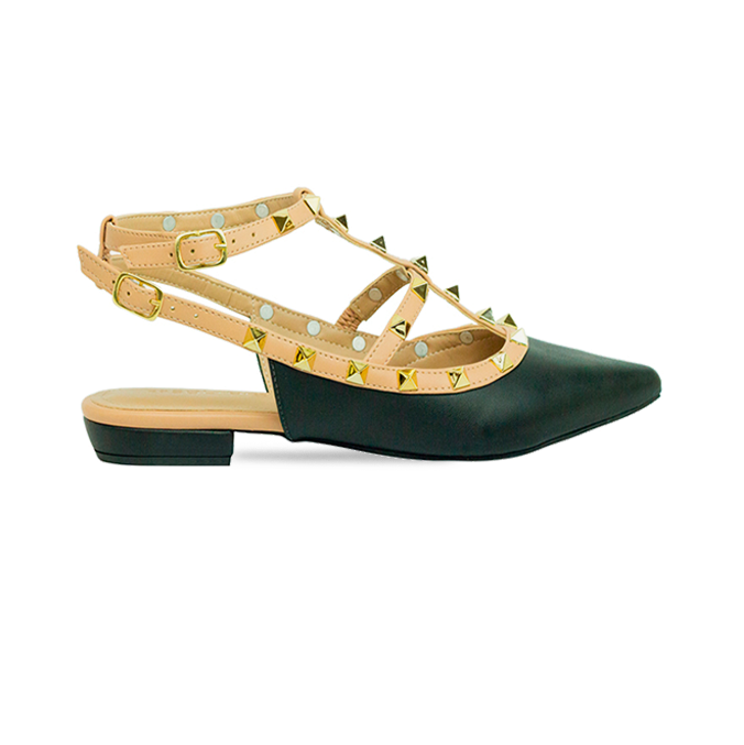 Sapatilhas Mona Flat Preto/Nude: Toque de Estilo com Pirâmides