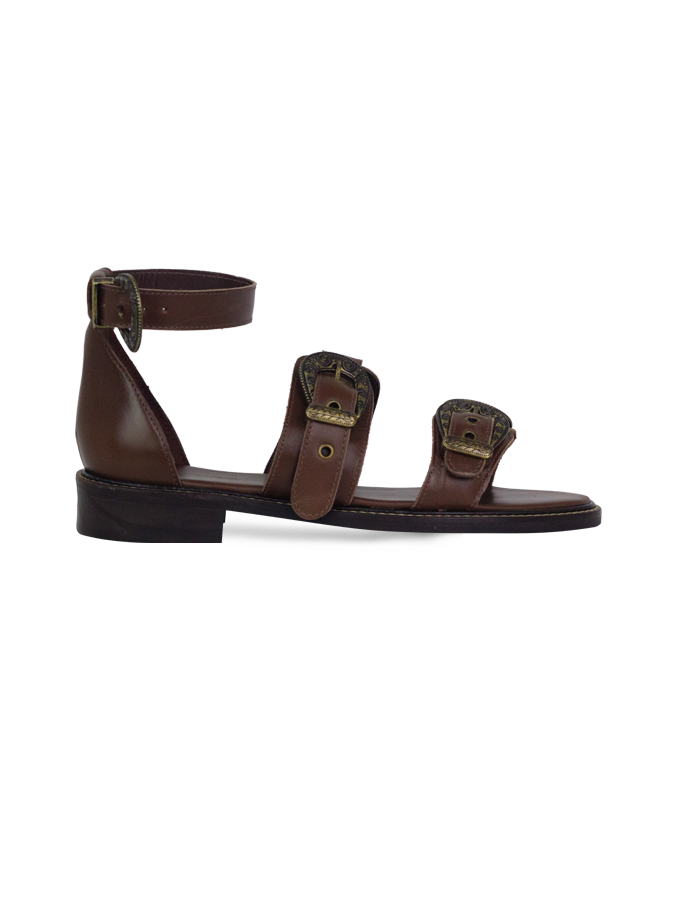 Rasteiras Zaira Marrom Couro Premium com Fivelas Estilo Western