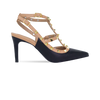 Scarpin Mona 8 Preto/nude com Tiras e Pirâmides