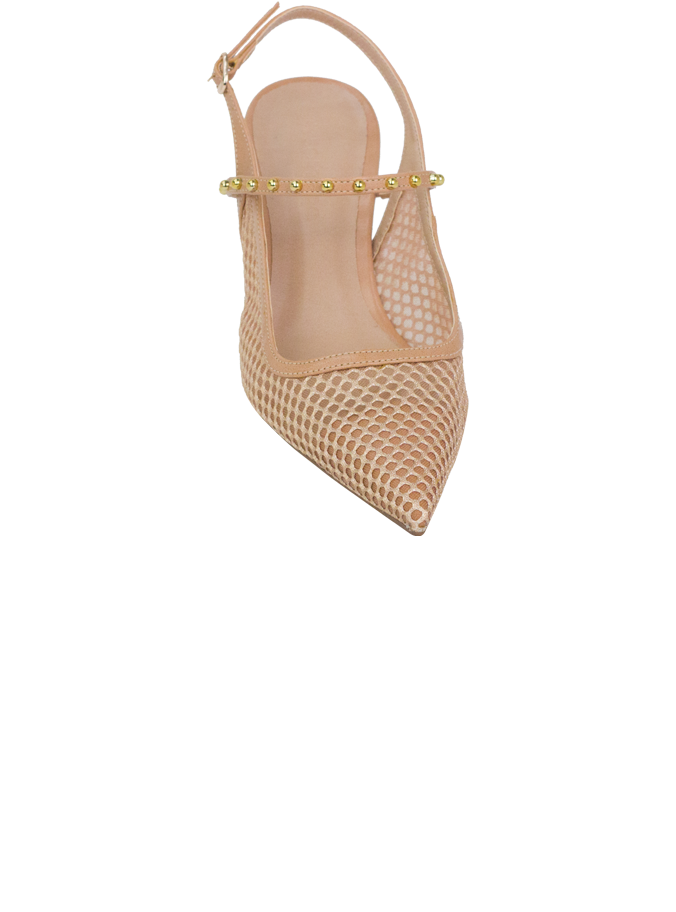 Scarpin Maite Nude: Detalhes em Tela e Cravos Cromados