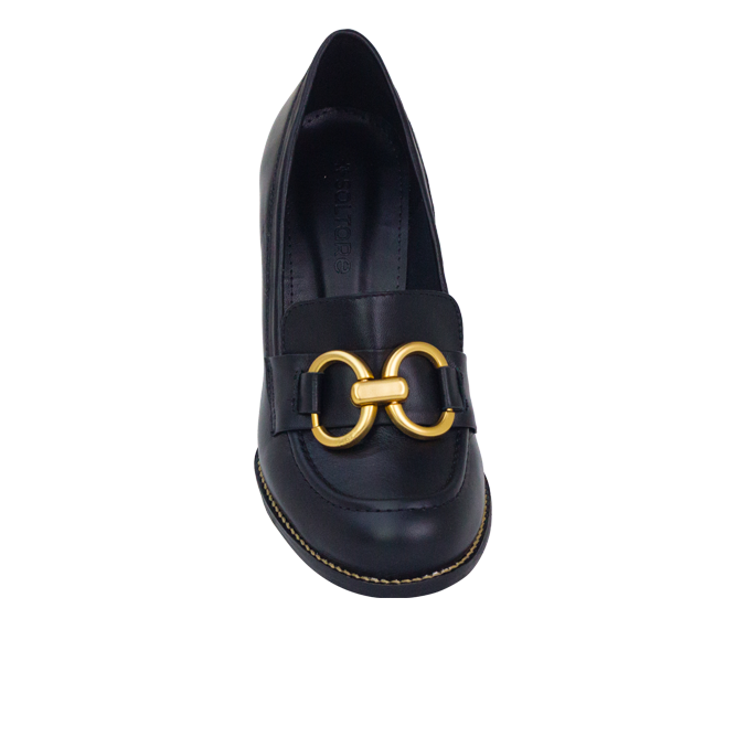Scarpin Ester Preto em Couro com Bridão Dourado e Salto de 7 cm