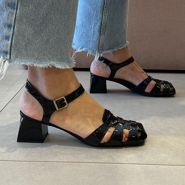 Sandália Lorraine Preto Fisherman e Salto Bloco 5cm