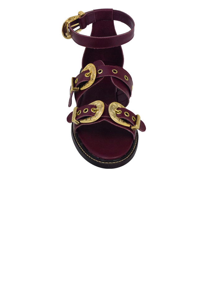 Rasteiras Zaira Vinho Couro Premium com Fivelas Estilo Western