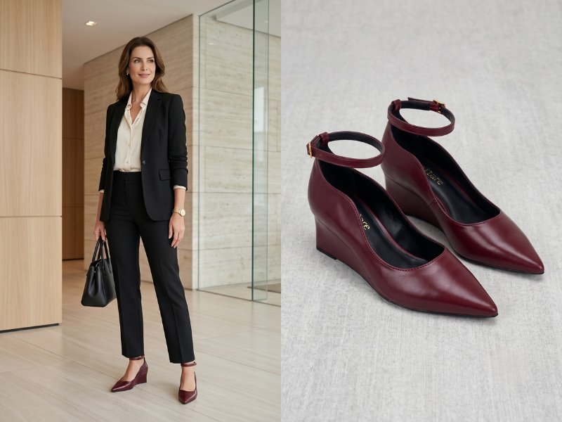 Look corporativo com scarpin vinho: mulher de alfaiataria preta e blusa off-white em escritório, ao lado do still do scarpin bordô de bico fino