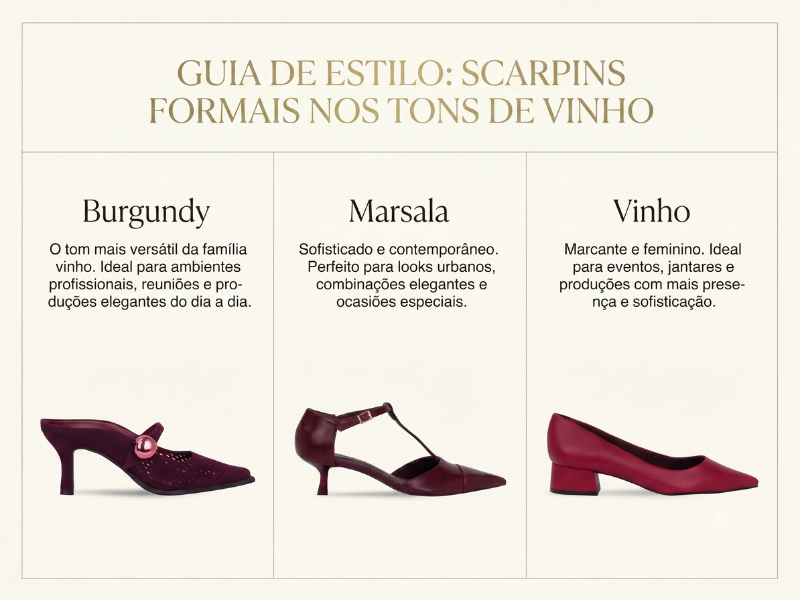 Infográfico guia de estilo com três tons de scarpin vinho — burgundy, marsala e vinho — e a indicação de uso de cada um
